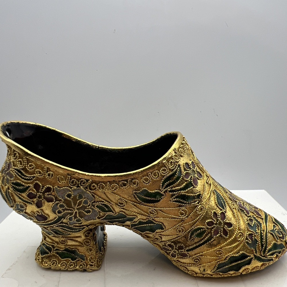 Vintage Cloisonne Enamel Shoe Figurine Brass Filigree Hanging Slipper